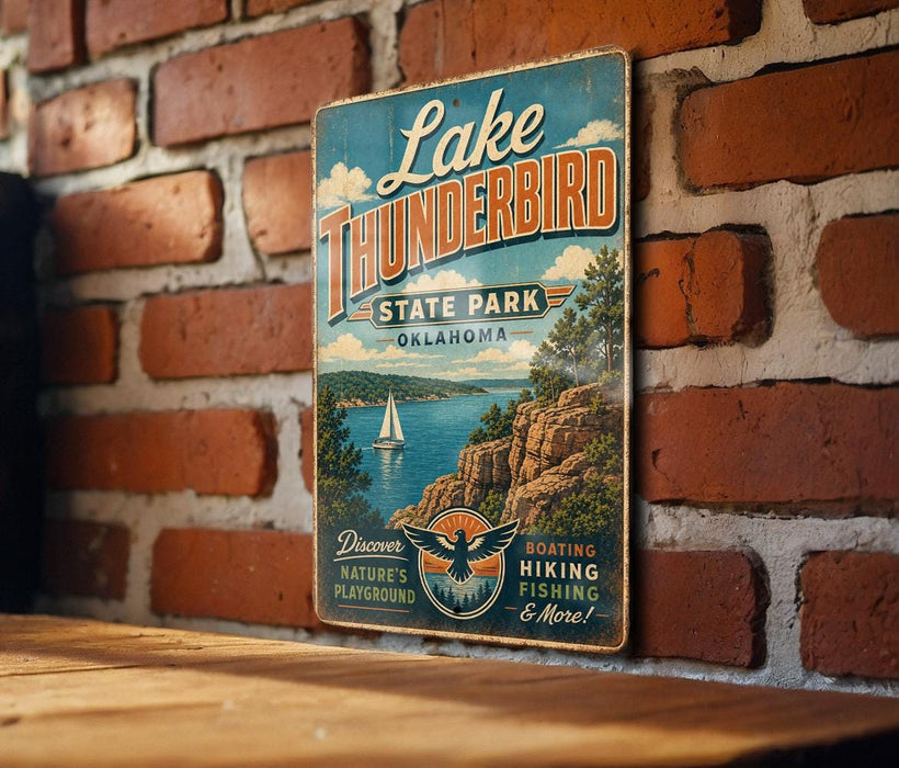 A vintage-style sign for Lake Thunderbird State Park in Oklahoma, featuring a scenic illustration of a lake, mountains, and a sailboat.