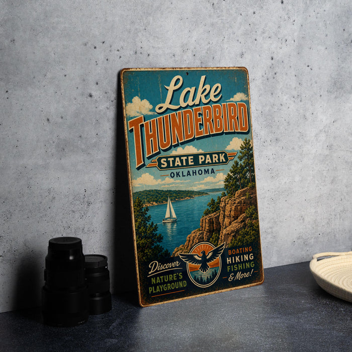 A vintage-style sign for Lake Thunderbird State Park in Oklahoma, featuring a scenic illustration of the lake and surrounding landscape.