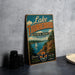 A vintage-style sign for Lake Thunderbird State Park in Oklahoma, featuring a scenic illustration of the lake and surrounding landscape.