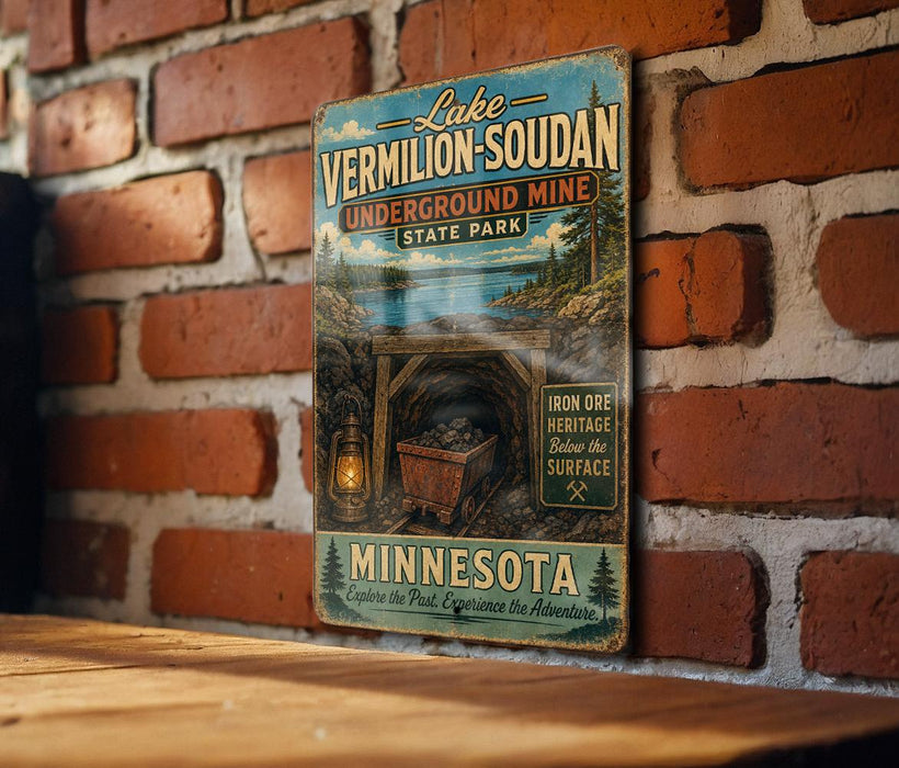 A vintage-style metal sign for Lake Vermilion-Soudan Underground Mine, located in Minnesota, with a scenic illustration of a tunnel and a lantern.