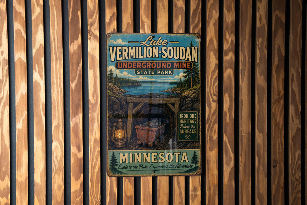 A vintage-style metal sign for Lake Vermilion-Soudan Underground Mine in Minnesota, featuring a scenic illustration of the mine and surrounding landscape.