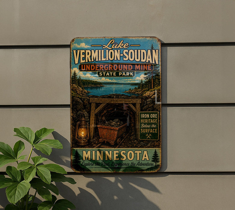 A vintage-style metal sign advertising the "Lake Vermilion-Soudan Underground Mine" in Minnesota, featuring an illustration of a mining tunnel surrounded by a scenic landscape.