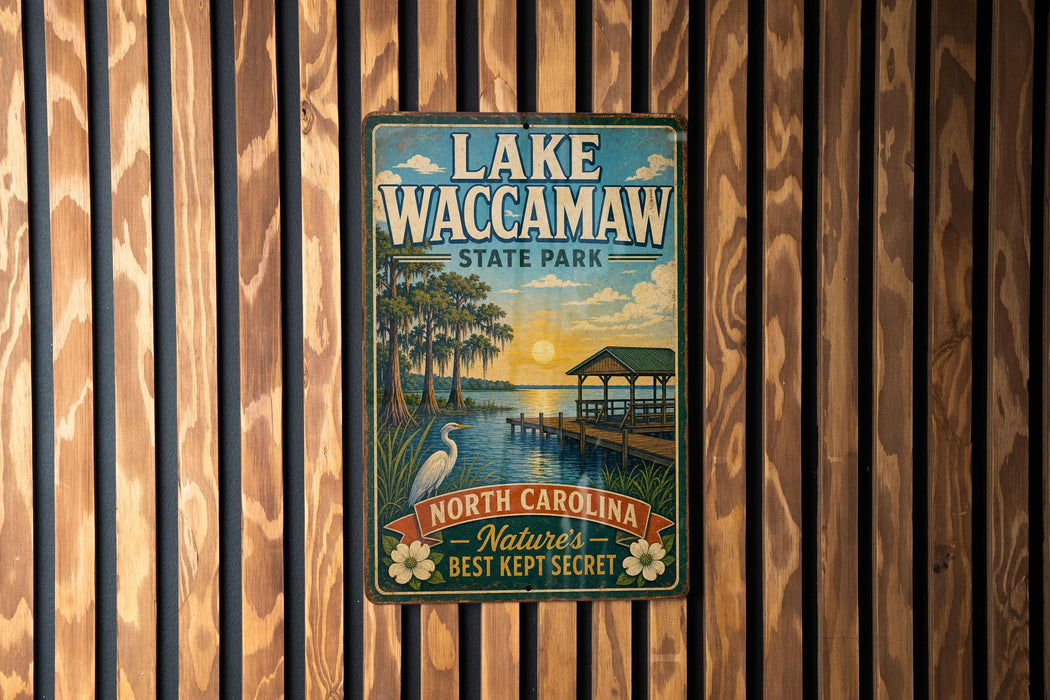 A vintage-style metal sign for Lake Waccamaw State Park, featuring a scenic illustration of the park's natural surroundings.