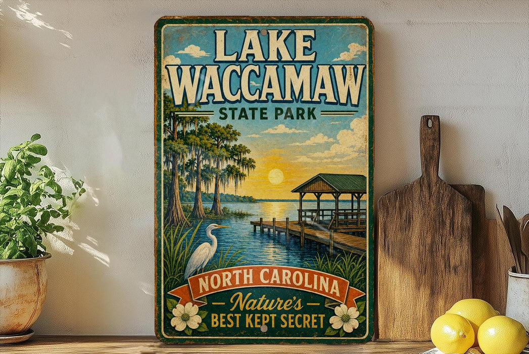A vintage-style sign for Lake Waccamaw State Park, featuring a scenic illustration of a lake, dock, and sunset.