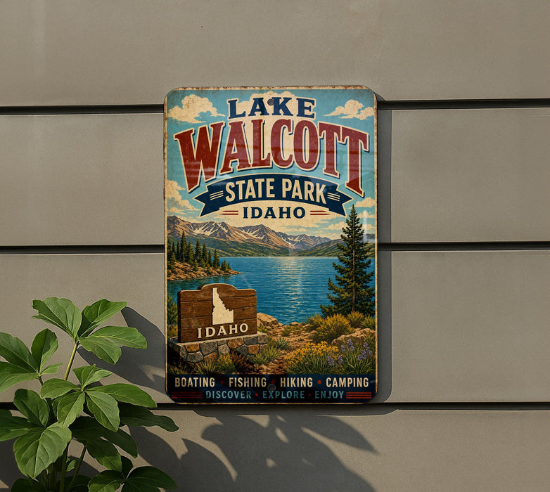 A vintage-style sign for Lake Walcott State Park in Idaho, featuring a scenic landscape with mountains, a lake, and a sign that says "Idaho".
