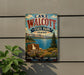 A vintage-style sign for Lake Walcott State Park in Idaho, featuring a scenic landscape with mountains, a lake, and a sign that says "Idaho".