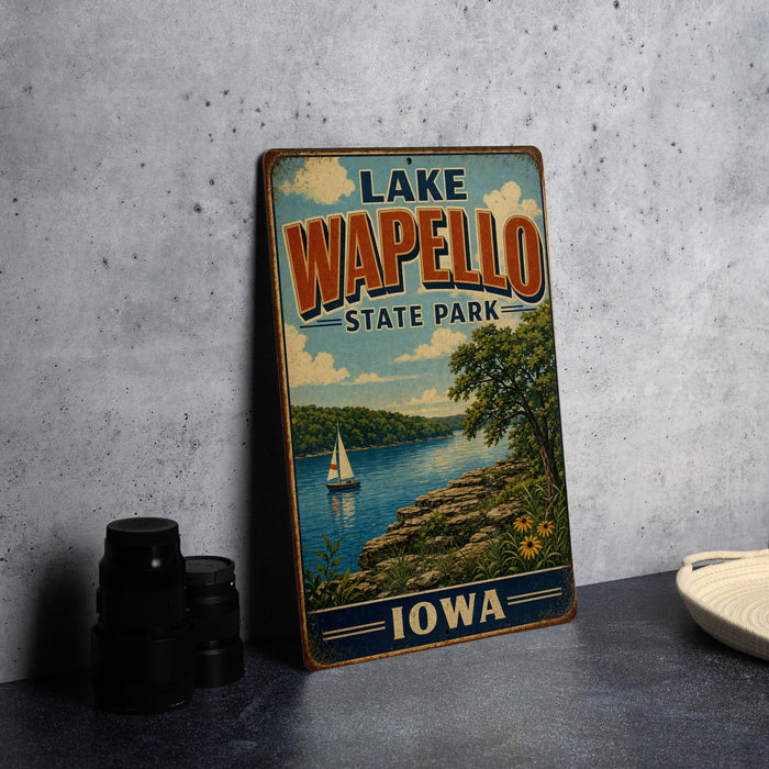 A vintage metal sign for Lake Wapollo State Park in Iowa, featuring a scenic illustration of a lake, sailboat, and surrounding landscape.