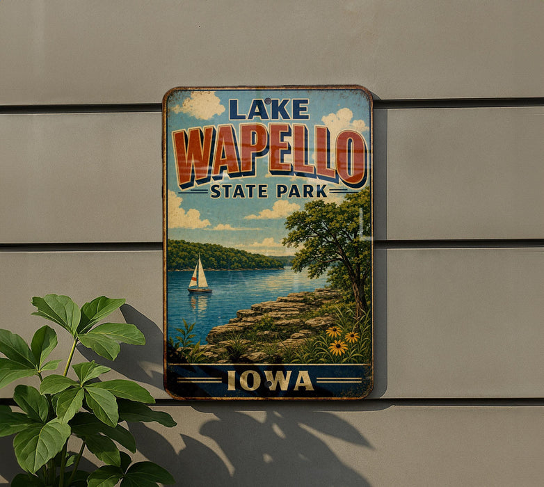 A vintage-style sign for Lake Wapollo State Park in Iowa, featuring a scenic landscape with a sailboat on the lake and lush greenery.