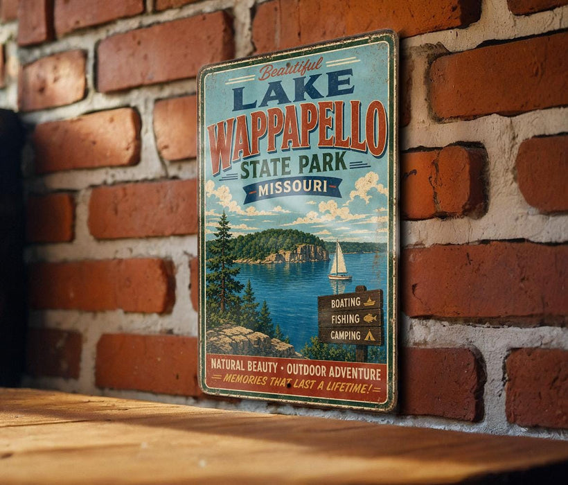 A vintage metal sign for Lake Wippespelco State Park in Missouri, featuring a scenic image of the lake and surrounding landscape.