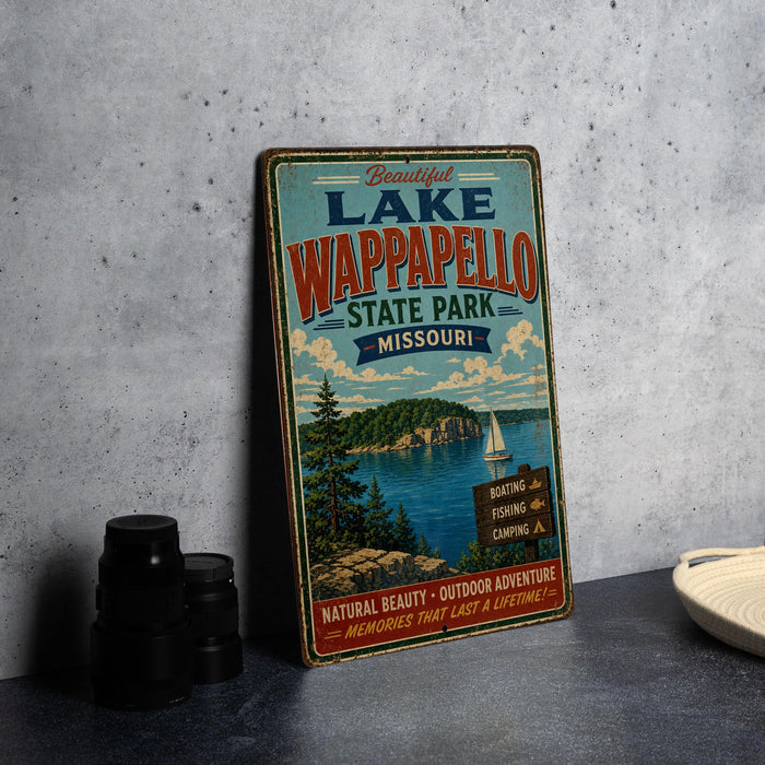 A vintage-style metal sign advertising Lake Wippespelto State Park in Missouri, featuring a scenic illustration of the lake and surrounding landscape.