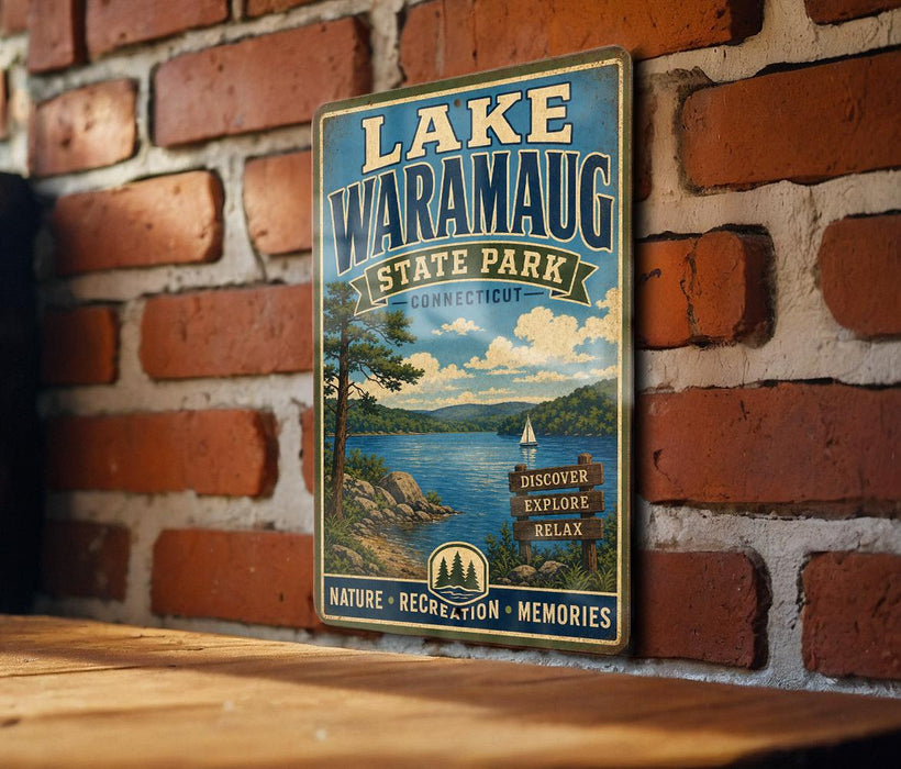 A vintage-style sign for Lake Waramaug State Park in Connecticut, featuring a scenic landscape with a lake, mountains, and a sailboat.