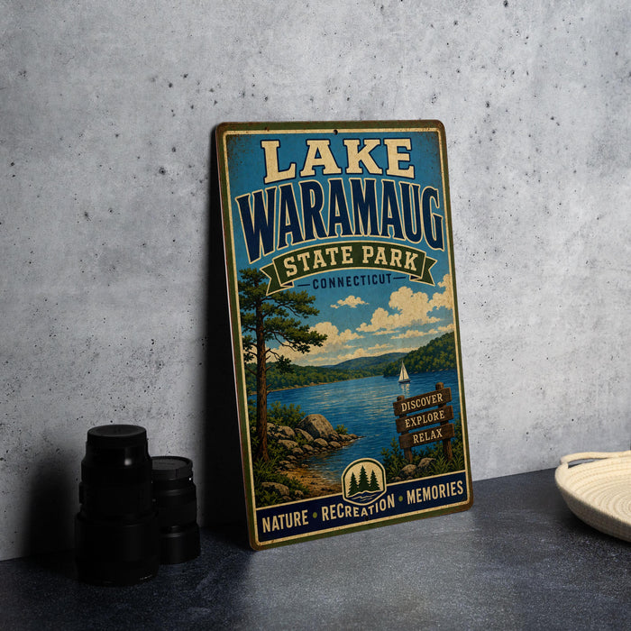 A vintage-style sign for Lake Waramaug State Park in Connecticut, featuring a scenic landscape with a lake, mountains, and a sailboat.