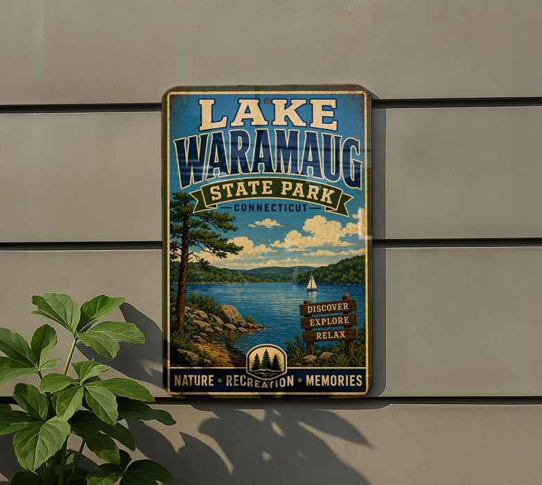 A vintage-style sign for Lake Waramaug State Park in Connecticut, featuring a scenic landscape with a lake, mountains, and pine trees.