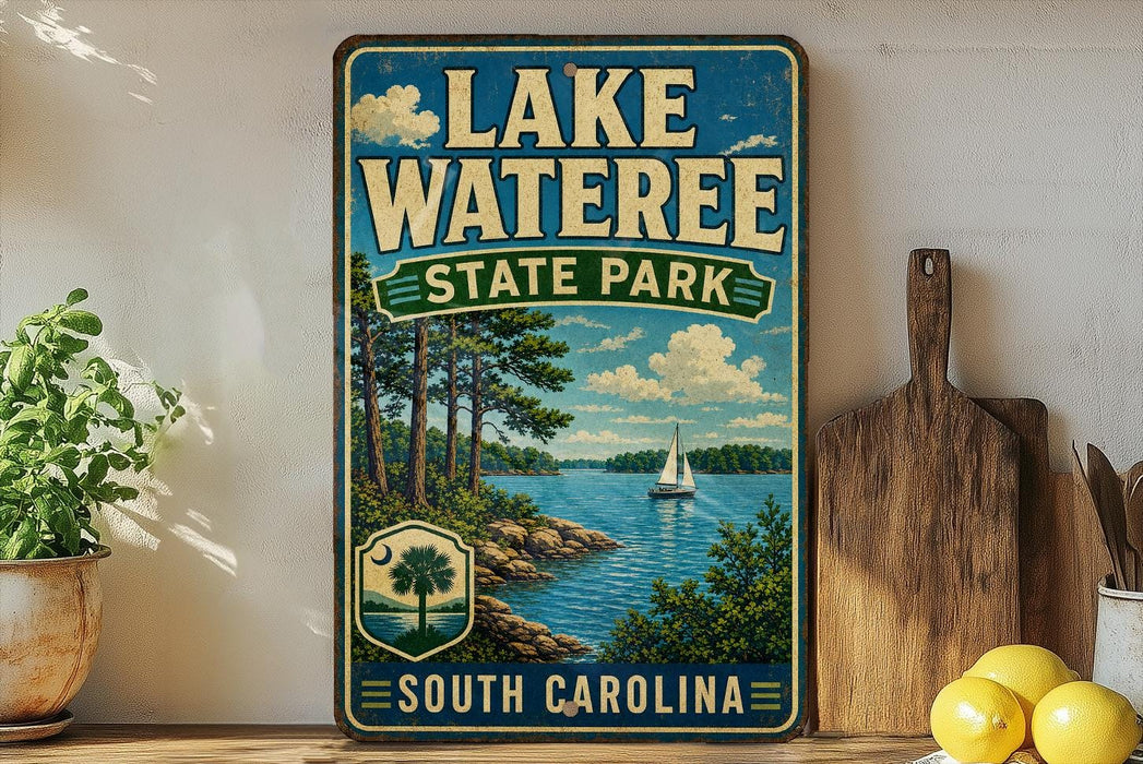 A vintage-style sign for Lake Wateree State Park in South Carolina, featuring a scenic illustration of a lake, trees, and a sailboat.