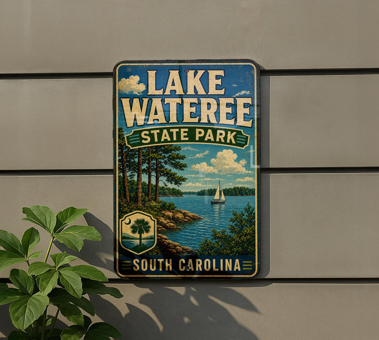 A vintage-style sign for Lake Wateree State Park in South Carolina, featuring a scenic landscape with a lake, trees, and a sailboat.