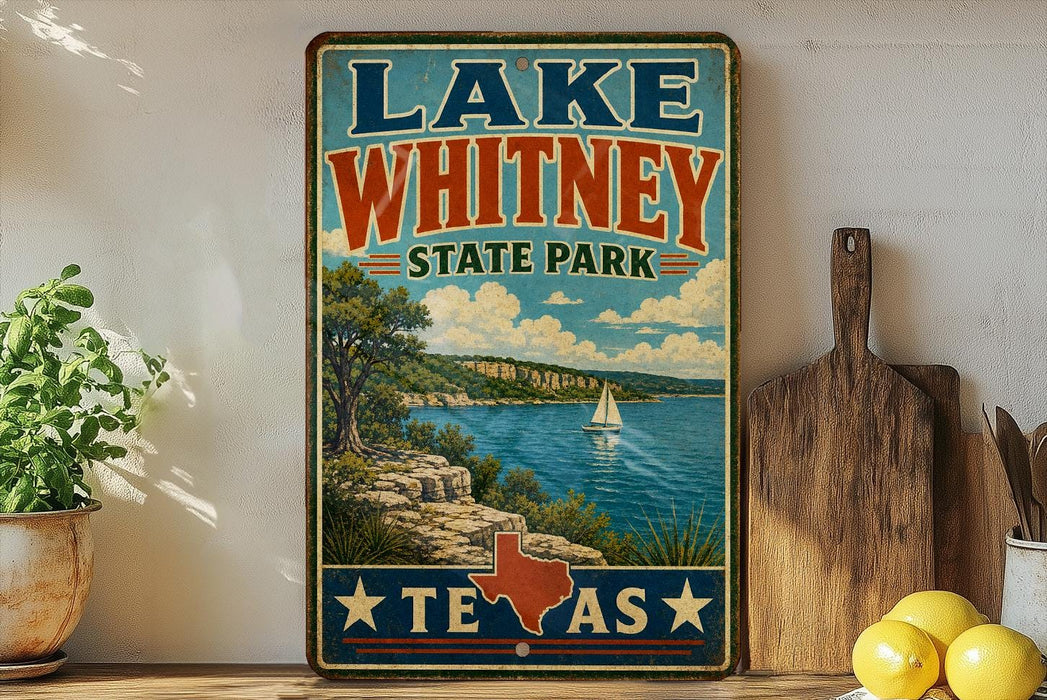 A vintage-style sign for Lake Whitney State Park in Texas, featuring a scenic landscape with a lake, mountains, and a sailboat.