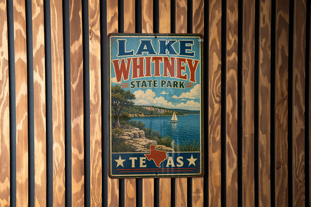 A vintage-style metal sign for Lake Whitney State Park in Texas, featuring a scenic landscape with a lake, mountains, and a sailboat.