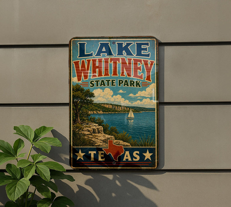 A vintage-style metal sign for Lake Whitney State Park in Texas, featuring a scenic landscape with a lake, mountains, and a sailboat.