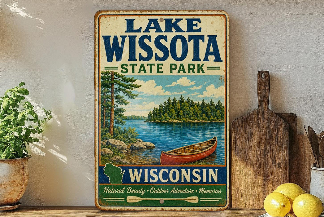 A vintage-style metal sign for Lake Wissota State Park in Wisconsin, featuring a scenic illustration of a lake, canoe, and forest.