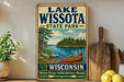 A vintage-style metal sign for Lake Wissota State Park in Wisconsin, featuring a scenic illustration of a lake, canoe, and forest.