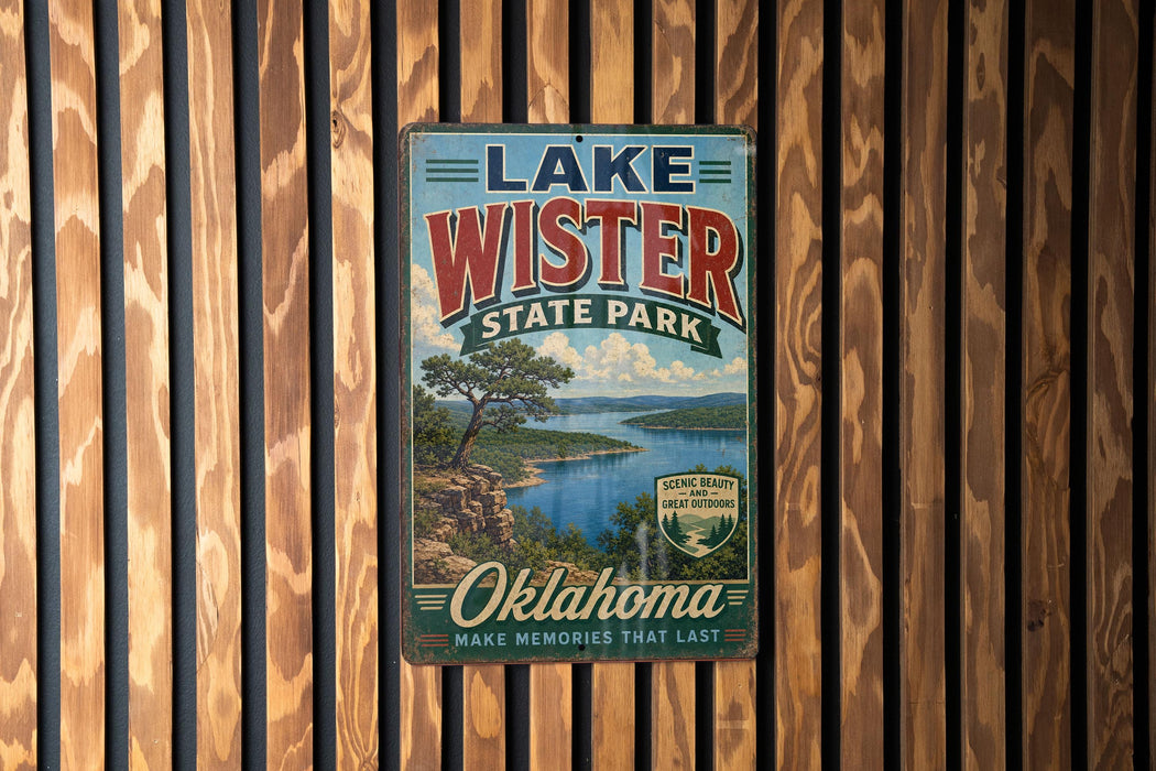 A vintage metal sign for Lake Wister State Park in Oklahoma, featuring a scenic landscape with a lake and mountains.