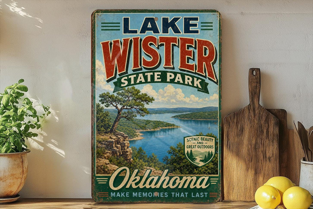A vintage-style sign for Lake Wister State Park in Oklahoma, featuring a scenic landscape with a lake and mountains.