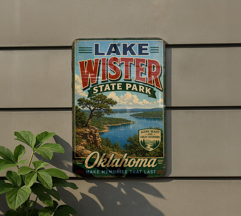 A vintage-style sign for Lake Wister State Park in Oklahoma, featuring a scenic landscape with a lake and mountains.