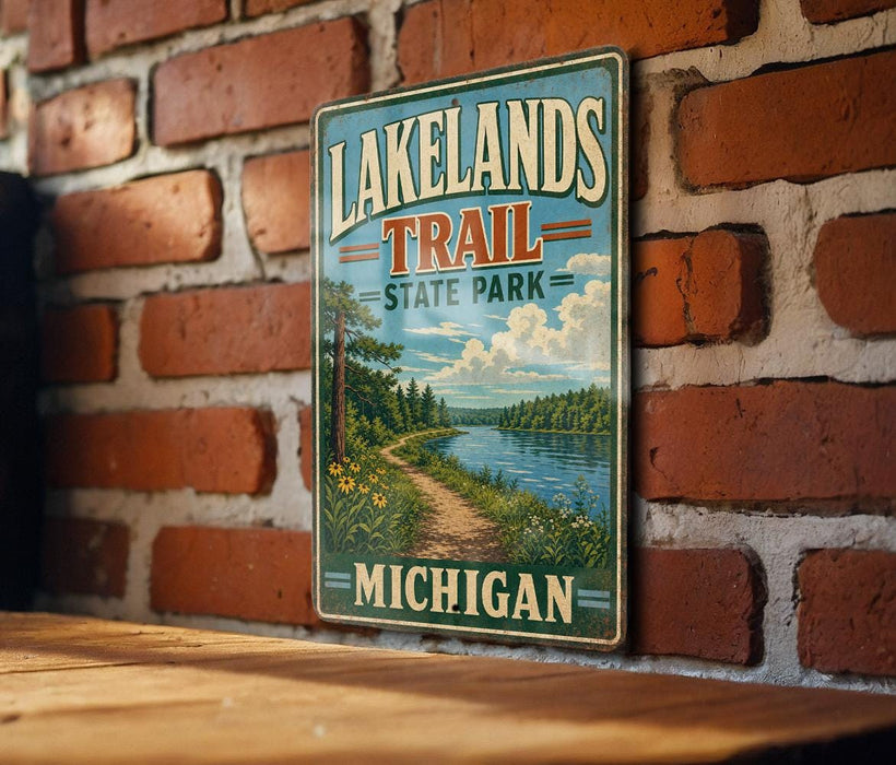 A vintage-style metal sign for Lakelands Trail State Park in Michigan, featuring a scenic landscape with a path leading to a lake surrounded by trees.