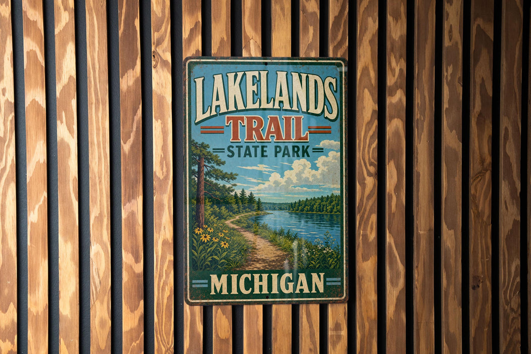 A vintage metal sign for Lakelands Trail State Park in Michigan, featuring a scenic illustration of a trail surrounded by nature.