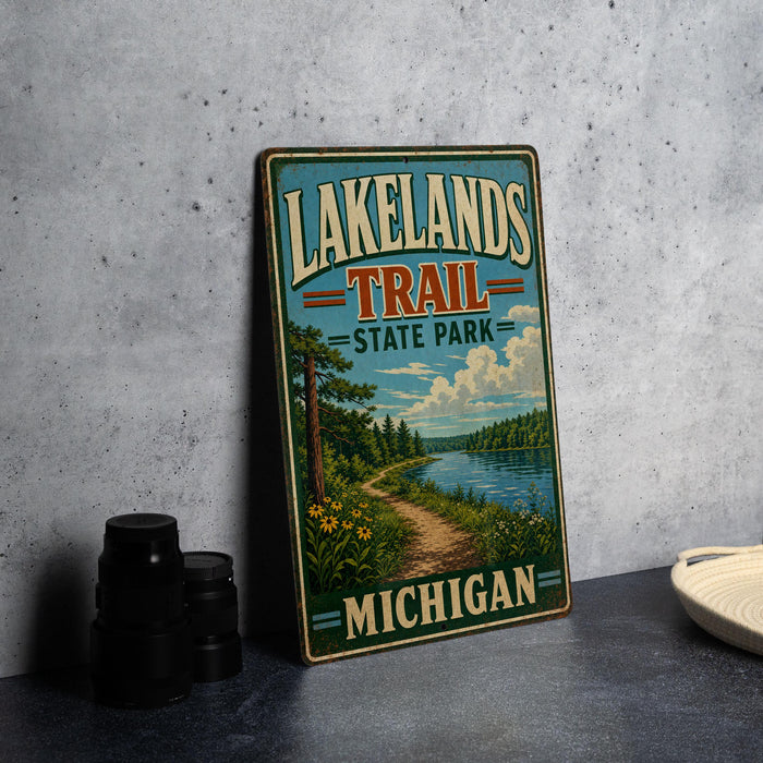 A vintage-style metal sign for Lakelands Trail State Park in Michigan, featuring a scenic landscape with a path leading to a lake surrounded by trees and mountains.