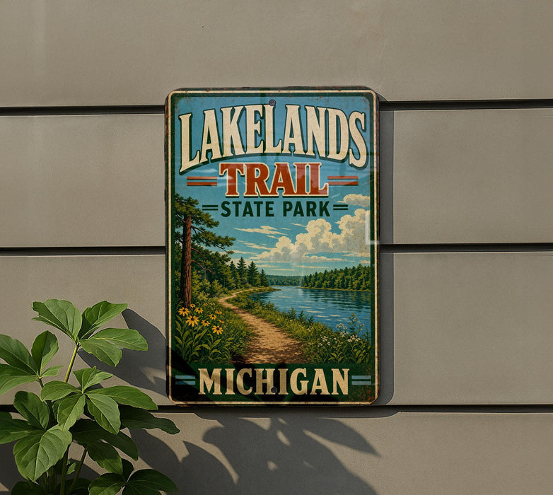 A vintage-style metal sign for Lakelands Trail State Park in Michigan, featuring a scenic landscape with a path leading through a forest and a lake.
