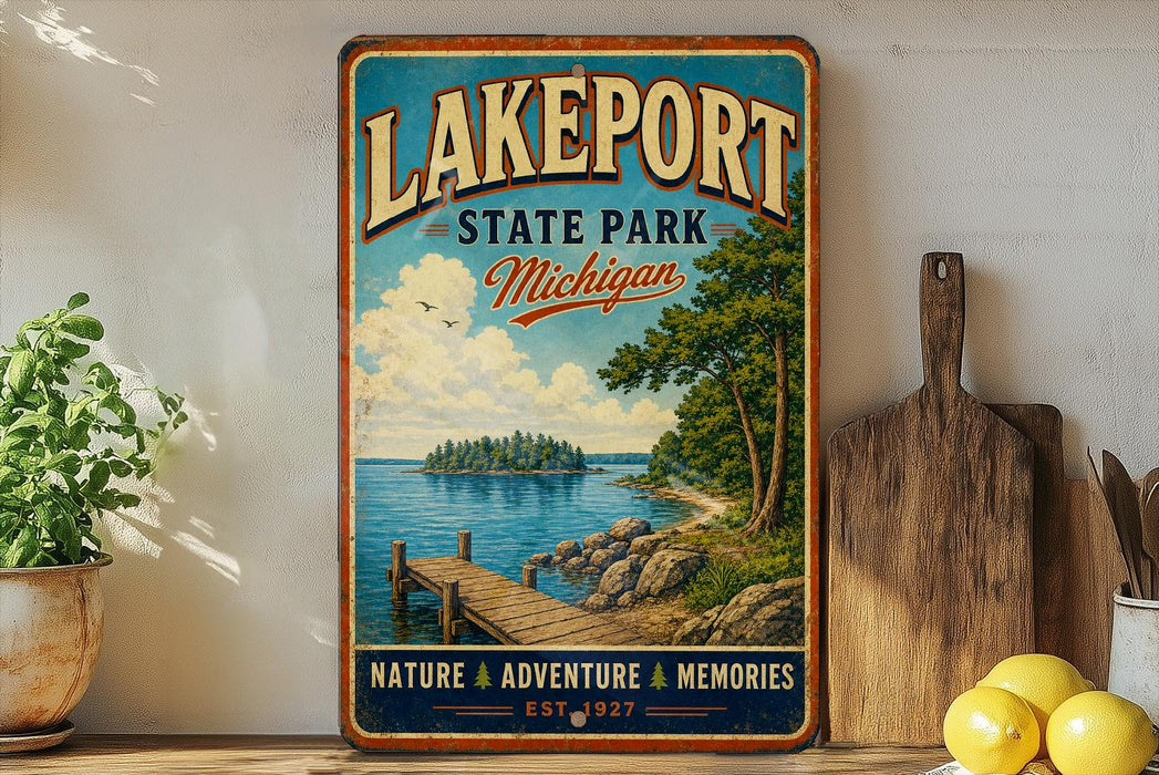 A vintage-style sign for Lakeport State Park in Michigan, featuring a scenic illustration of a lake, dock, and surrounding nature.
