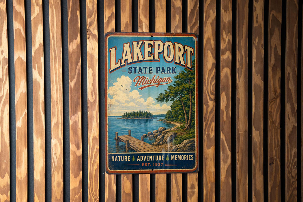 A vintage metal sign for Lakeport State Park in Michigan, featuring a scenic illustration of a lake, dock, and surrounding nature.