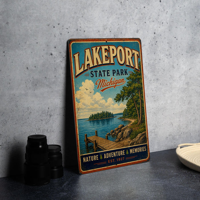 A vintage-style metal sign for Lakeport State Park in Michigan, featuring a scenic landscape with a lake, dock, and trees.