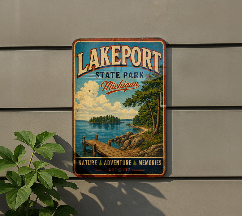 A vintage-style metal sign for Lakeport State Park in Michigan, featuring a scenic landscape with a lake, dock, and trees.