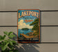 A vintage-style metal sign for Lakeport State Park in Michigan, featuring a scenic landscape with a lake, dock, and trees.