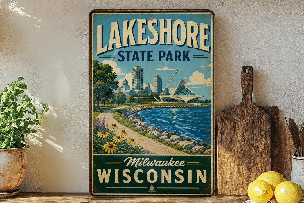 A vintage-style sign for Lakeshore State Park in Milwaukee, Wisconsin, featuring a scenic image of the park and its surroundings.
