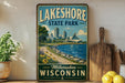 A vintage-style sign for Lakeshore State Park in Milwaukee, Wisconsin, featuring a scenic image of the park and its surroundings.