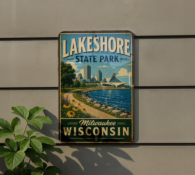 A vintage-style sign for Lakeshore State Park in Milwaukee, Wisconsin, featuring a scenic image of the park and its surroundings.