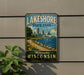 A vintage-style sign for Lakeshore State Park in Milwaukee, Wisconsin, featuring a scenic image of the park and its surroundings.