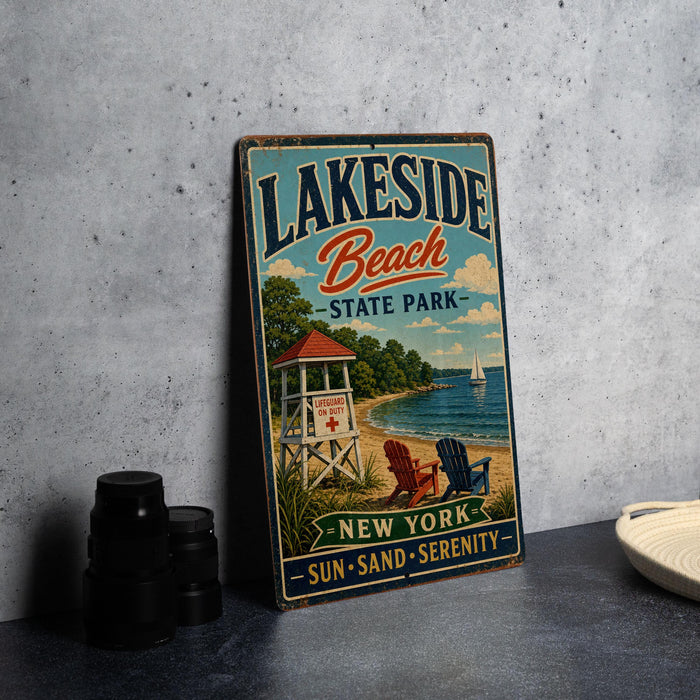 A vintage metal sign for Lakeside Beach State Park in New York, featuring a beach scene with a lifeguard tower, chairs, and a sailboat.