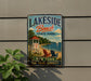 A vintage-style metal sign for Lakeside Beach State Park in New York, featuring a lifeguard tower, beach chairs, and a sailboat on the water.