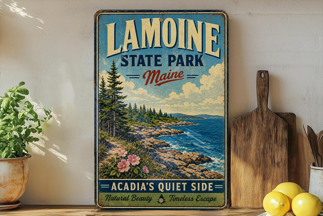 A vintage-style metal sign for Lamoine State Park in Maine, featuring a scenic coastal landscape with pine trees, rocks, and a body of water.