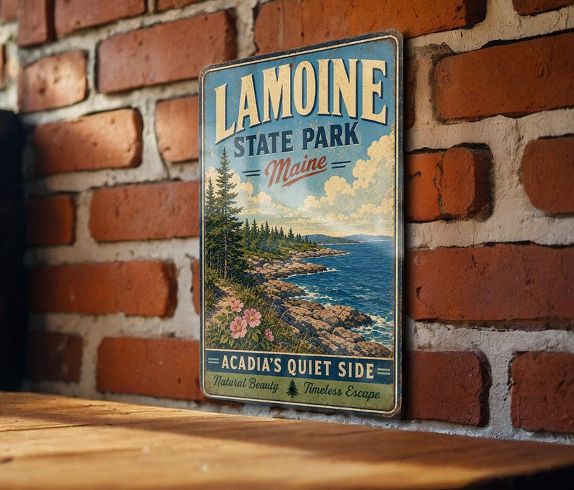 A vintage-style metal sign for Lamoine State Park in Maine, featuring a scenic coastal landscape with pine trees, rocks, and a body of water.