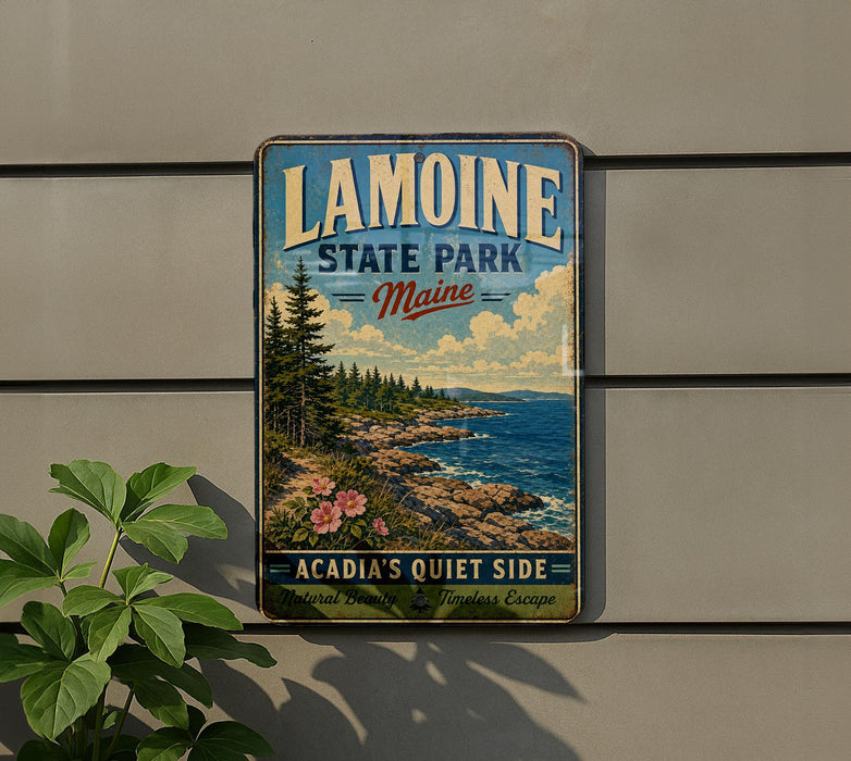 A vintage-style metal sign for Lamoine State Park in Maine, featuring a scenic coastal landscape with pine trees, rocks, and a body of water.