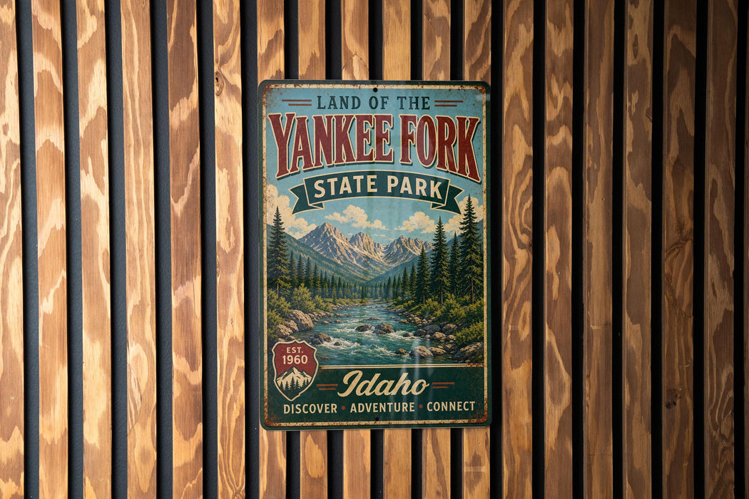 A vintage-style metal sign for the Land of the Yankee Fork State Park in Idaho, featuring a scenic mountain landscape and a river.