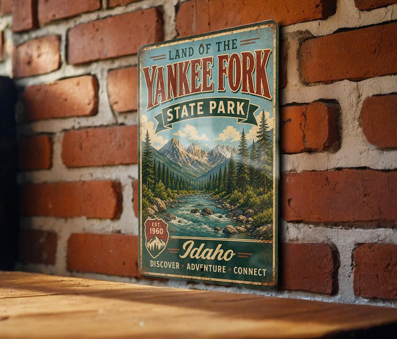 A vintage-style metal sign for the Land of the Yankee Fork State Park in Idaho, featuring a scenic mountain landscape and a river.