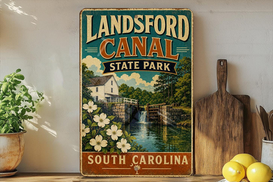 A vintage-style sign for Landsford Canal State Park in South Carolina, featuring a scenic illustration of a canal, bridge, and surrounding landscape.