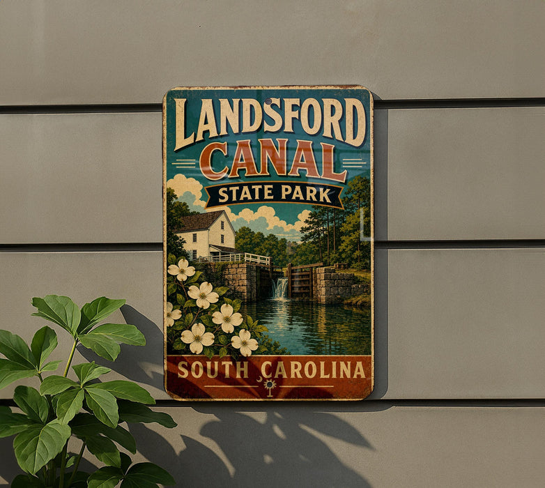 A vintage-style sign for Landsford Canal State Park in South Carolina, featuring a scenic image of the canal and surrounding landscape.