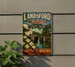 A vintage-style sign for Landsford Canal State Park in South Carolina, featuring a scenic image of the canal and surrounding landscape.